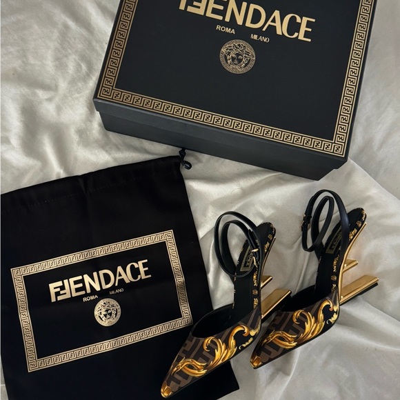 Authentic Fendi Versace Black and Gold Patterned Heels - Picture 11 of 13